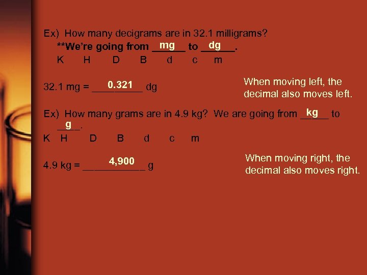Ex) How many decigrams are in 32. 1 milligrams? mg dg **We’re going from