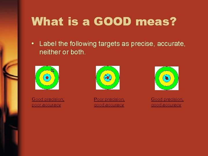 What is a GOOD meas? • Label the following targets as precise, accurate, neither