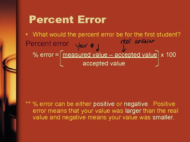 Percent Error • What would the percent error be for the first student? Percent