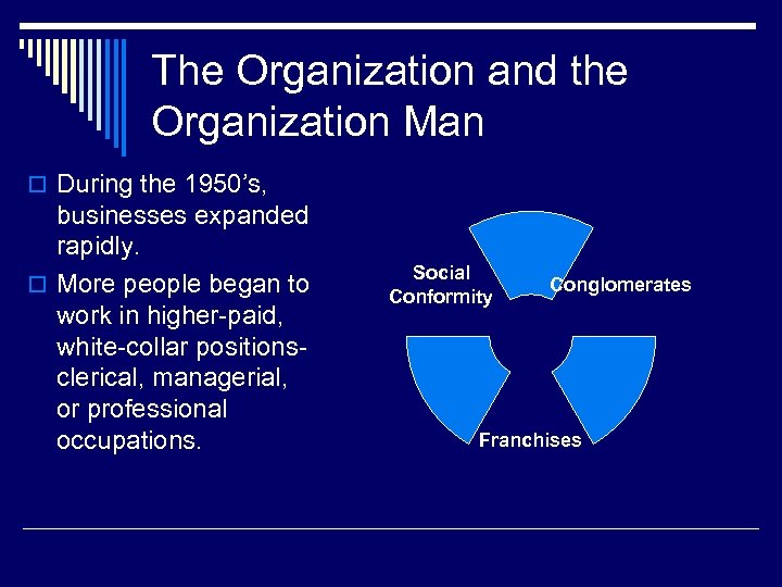 The Organization and the Organization Man o During the 1950’s, businesses expanded rapidly. o