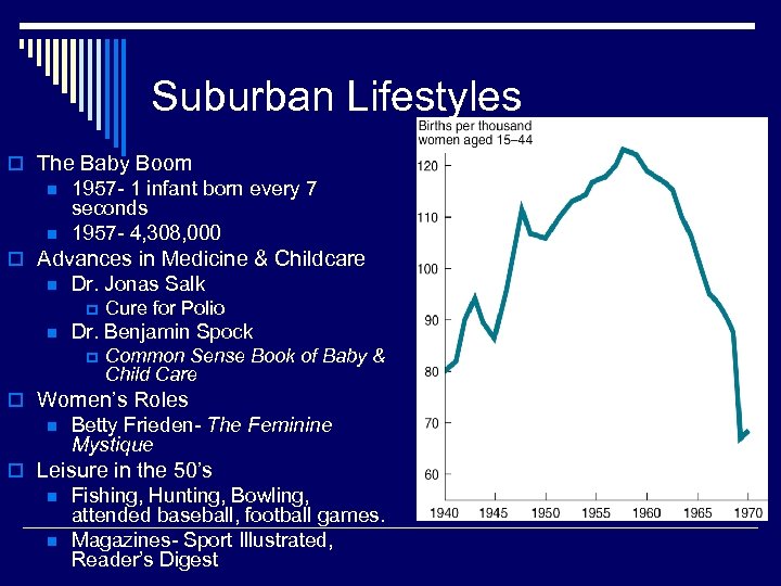 Suburban Lifestyles o The Baby Boom n n 1957 - 1 infant born every