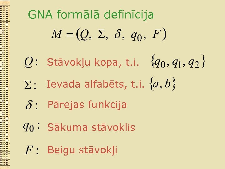 GNA formālā definīcija Stāvokļu kopa, t. i. Ievada alfabēts, t. i. Pārejas funkcija Sākuma