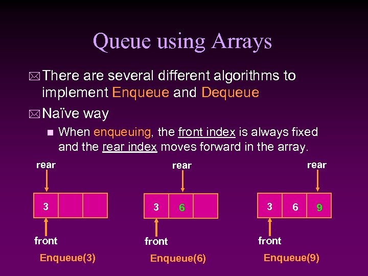 Queue using Arrays * There are several different algorithms to implement Enqueue and Dequeue