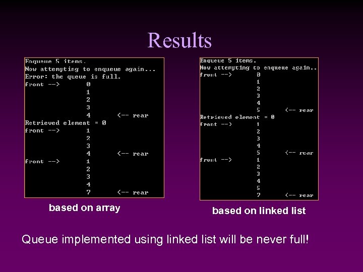Results based on array based on linked list Queue implemented using linked list will