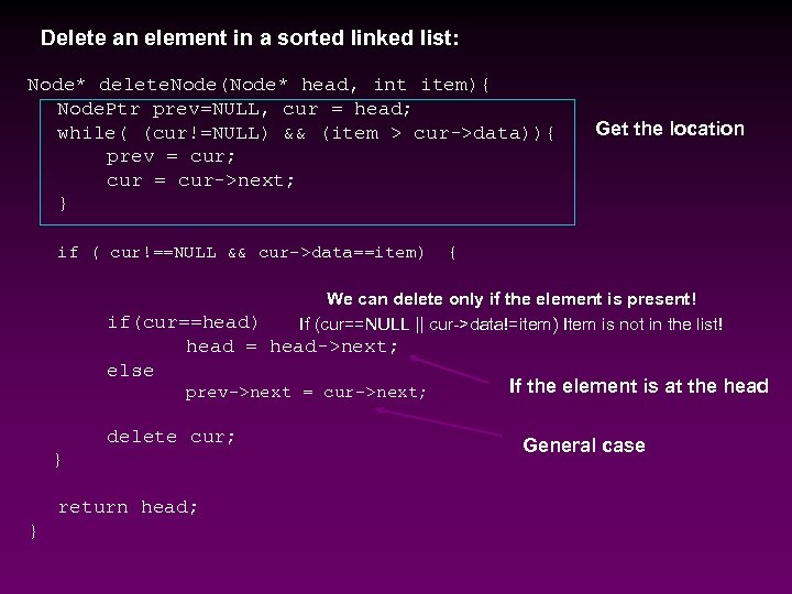 Delete an element in a sorted linked list: Node* delete. Node(Node* head, int item){