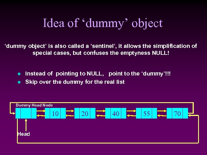 Idea of ‘dummy’ object ‘dummy object’ is also called a ‘sentinel’, it allows the