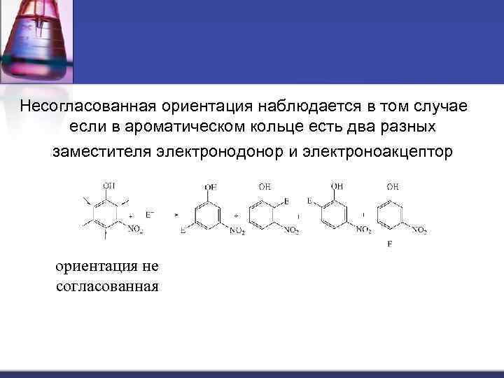 Несогласованная ориентация наблюдается в том случае если в ароматическом кольце есть два разных заместителя