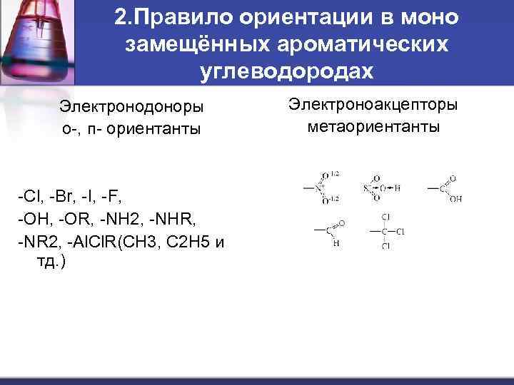 2. Правило ориентации в моно замещённых ароматических углеводородах Электронодоноры о , п ориентанты Cl,