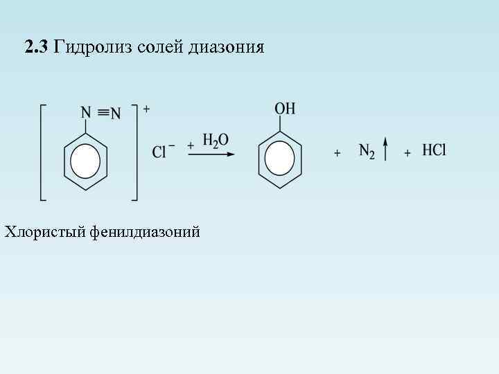 2. 3 Гидролиз солей диазония Хлористый фенилдиазоний 