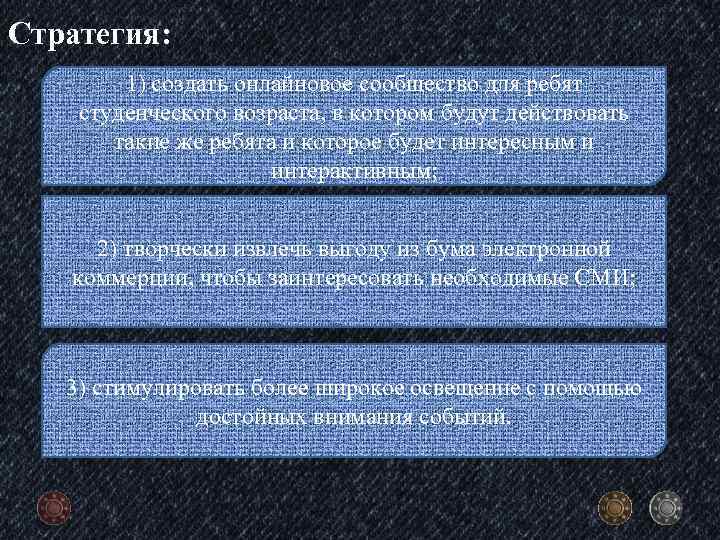 Стратегия: 1) создать онлайновое сообщество для ребят студенческого возраста, в котором будут действовать такие