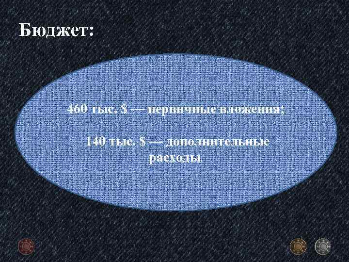 Бюджет: 460 тыс. $ — первичные вложения; 140 тыс. $ — дополнительные расходы. 