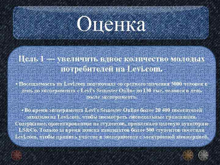 Оценка Цель 1 — увеличить вдвое количество молодых потребителей на Levi. com. • Посещаемость