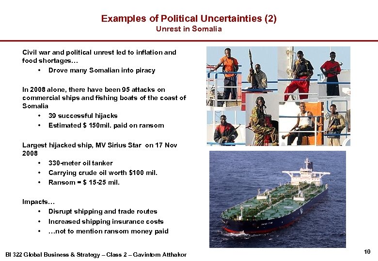Examples of Political Uncertainties (2) Unrest in Somalia Civil war and political unrest led