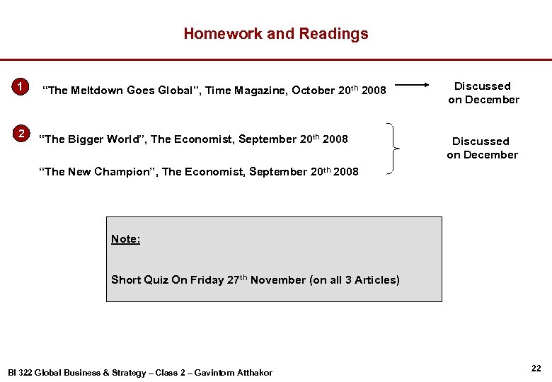 Homework and Readings 1 “The Meltdown Goes Global”, Time Magazine, October 20 th 2008