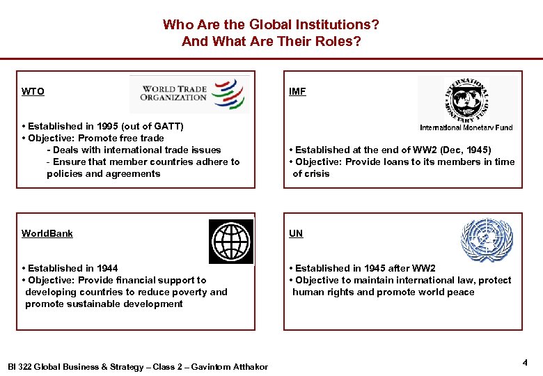 Who Are the Global Institutions? And What Are Their Roles? WTO IMF • Established