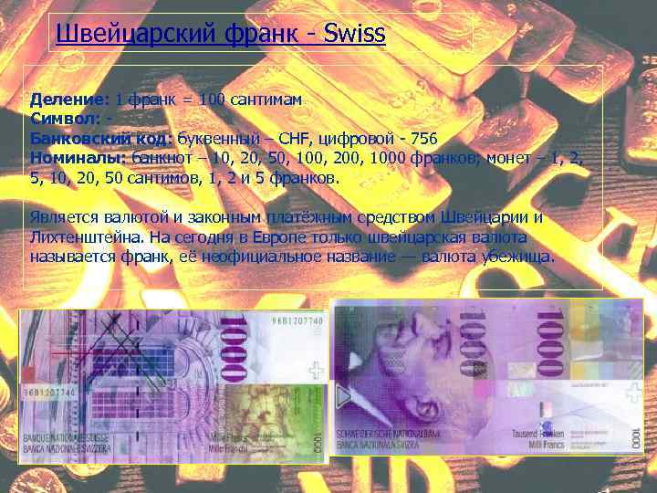 Швейцарский франк - Swiss franc Деление: 1 франк = 100 сантимам Символ: Банковский код: