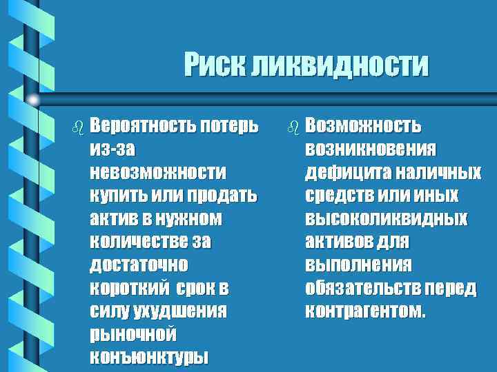 Риск ликвидности b Вероятность потерь из-за невозможности купить или продать актив в нужном количестве