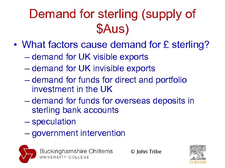 Demand for sterling (supply of $Aus) • What factors cause demand for £ sterling?