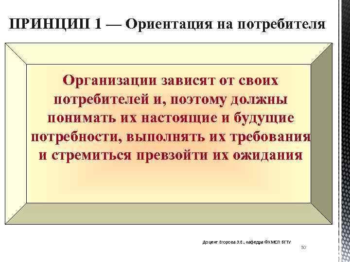 ПРИНЦИП 1 — Ориентация на потребителя Организации зависят от своих потребителей и, поэтому должны