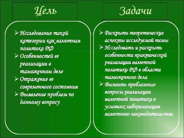 Цель Ø Исследование такой категории как валютная политика РФ Ø Особенностей ее реализации в