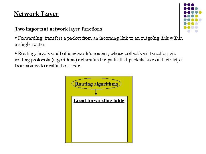 Network Layer Two important network layer functions • Forwarding: transfers a packet from an