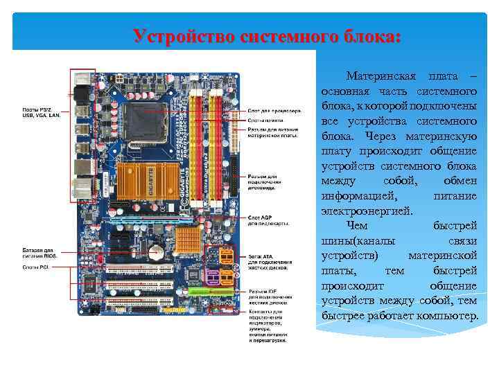 Устройство системного блока: Материнская плата – основная часть системного блока, к которой подключены все
