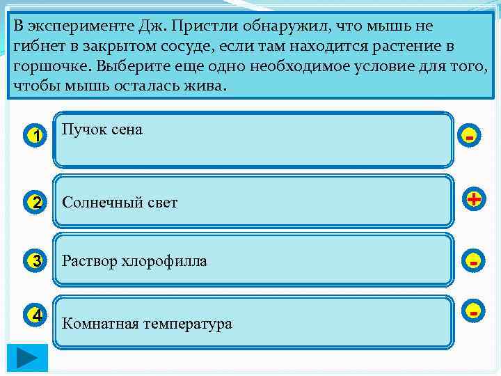 В эксперименте Дж. Пристли обнаружил, что мышь не гибнет в закрытом сосуде, если там