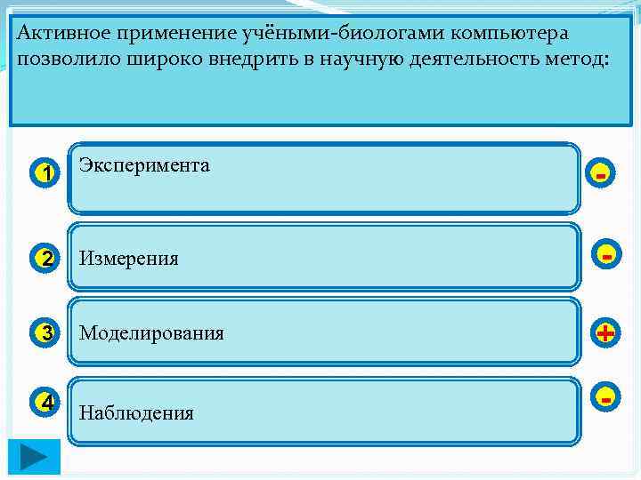 Активное применение учёными-биологами компьютера позволило широко внедрить в научную деятельность метод: 1 Эксперимента -