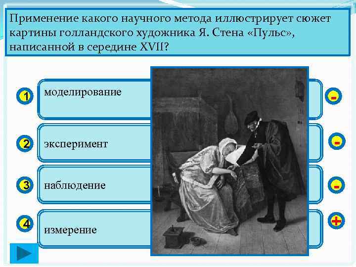 Применение какого научного метода иллюстрирует сюжет картины голландского художника Я. Стена «Пульс» , написанной