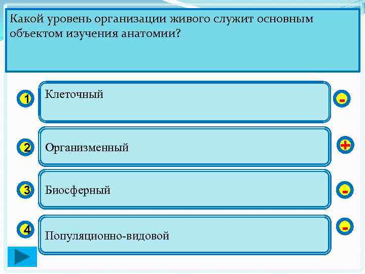 Какой уровень организации живого служит основным объектом изучения анатомии? 1 Клеточный - 2 Организменный