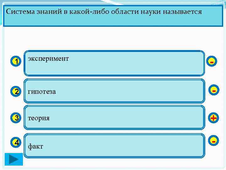 Система знаний в какой-либо области науки называется 1 эксперимент - 2 гипотеза - 3