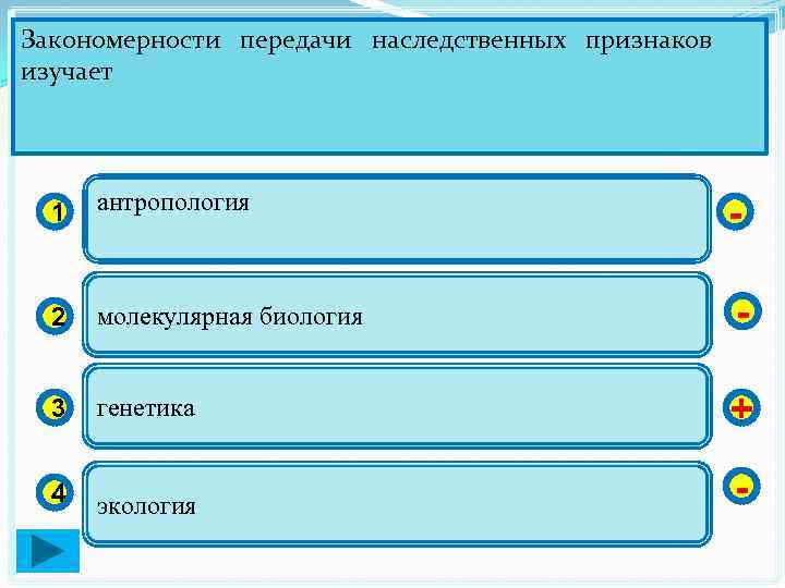 Закономерности передачи наследственных признаков изучает 1 антропология - 2 молекулярная биология - 3 генетика