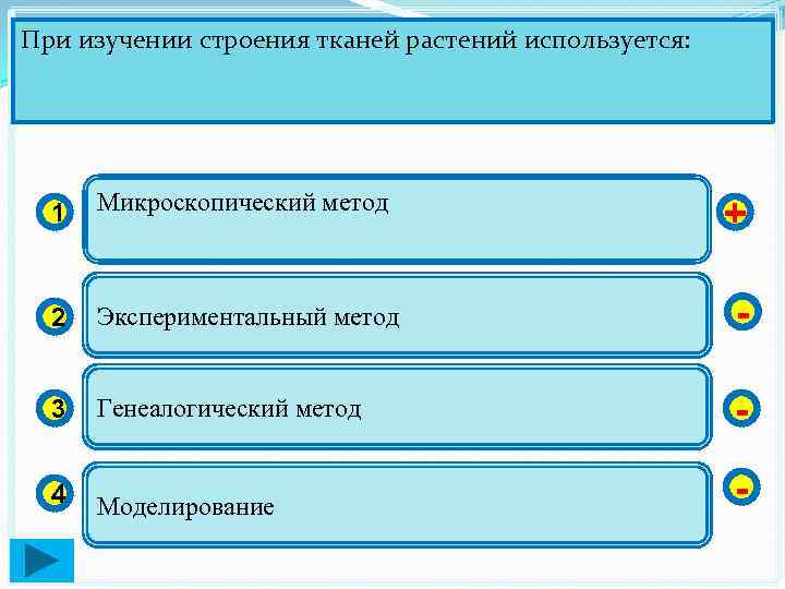 При изучении строения тканей растений используется: 1 Микроскопический метод + 2 Экспериментальный метод -