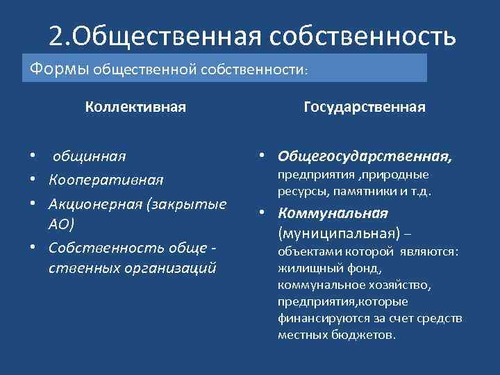 2. Общественная собственность Формы общественной собственности: Коллективная • общинная • Кооперативная • Акционерная (закрытые