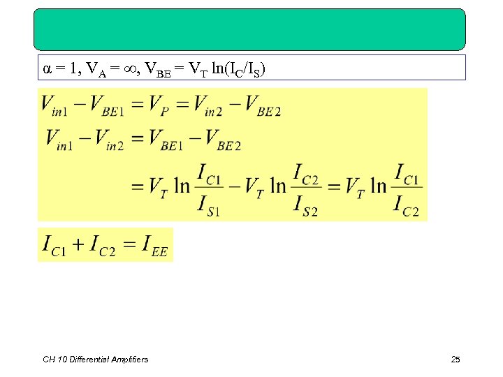 α = 1, VA = ∞, VBE = VT ln(IC/IS) CH 10 Differential Amplifiers