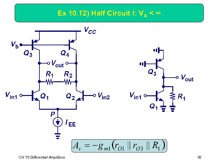 Ex 10. 12) Half Circuit I: VA < ∞ CH 10 Differential Amplifiers 38