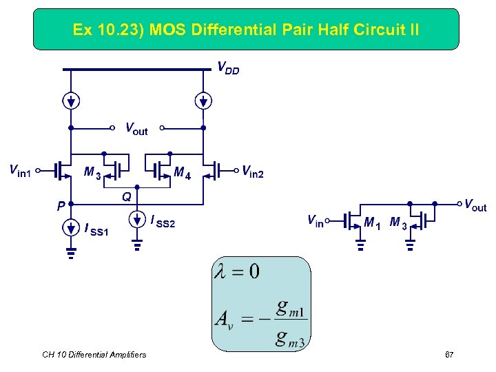 Ex 10. 23) MOS Differential Pair Half Circuit II CH 10 Differential Amplifiers 67