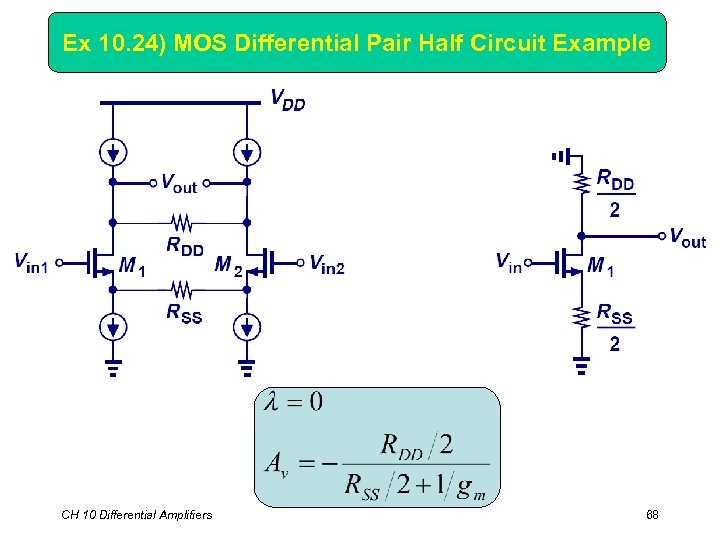 Ex 10. 24) MOS Differential Pair Half Circuit Example CH 10 Differential Amplifiers 68