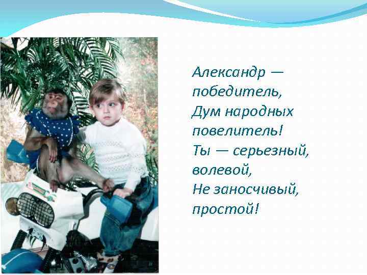 Александр — победитель, Дум народных повелитель! Ты — серьезный, волевой, Не заносчивый, простой! 