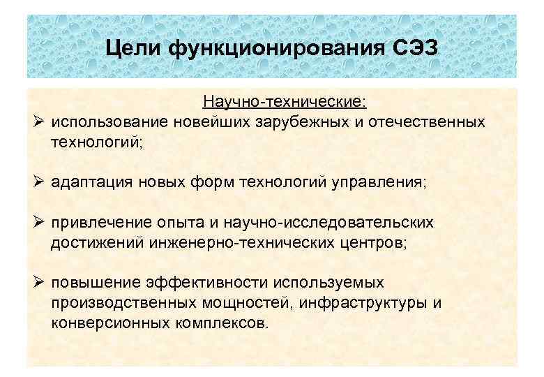 Цели функционирования СЭЗ Научно-технические: Ø использование новейших зарубежных и отечественных технологий; Ø адаптация новых