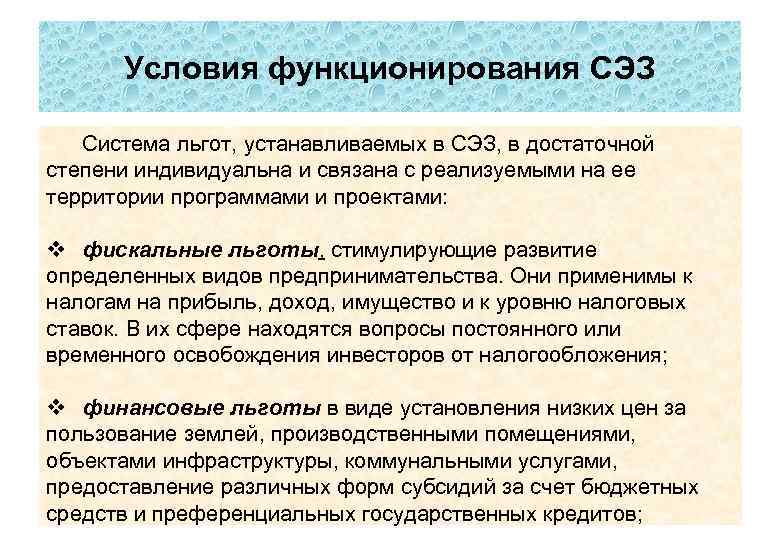 Условия функционирования СЭЗ Система льгот, устанавливаемых в СЭЗ, в достаточной степени индивидуальна и связана