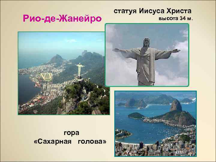 Рио-де-Жанейро гора «Сахарная голова» статуя Иисуса Христа высота 34 м. статуя Иисуса Христа 