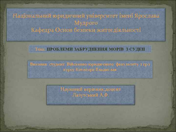 Національний юридичний університет імені Ярослава Мудрого Кафедра Основ безпеки життєдіяльності Тема: ПРОБЛЕМИ ЗАБРУДНЕННЯ МОРІВ