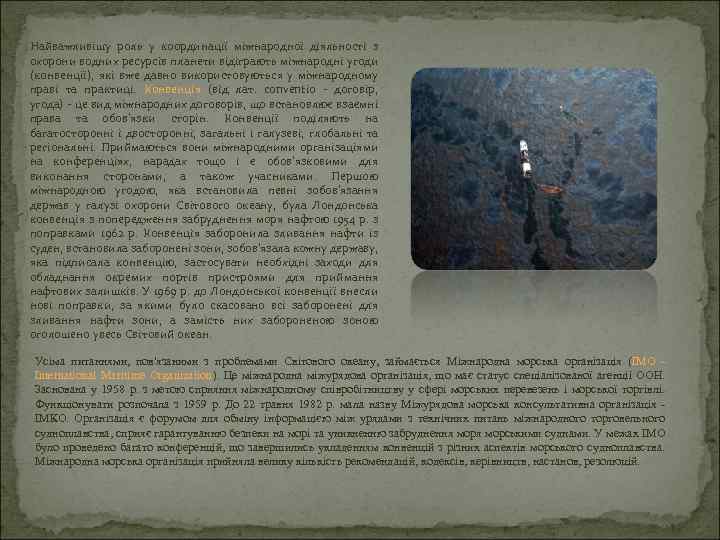 Найважливішу роль у координації міжнародної діяльності з охорони водних ресурсів планети відіграють міжнародні угоди