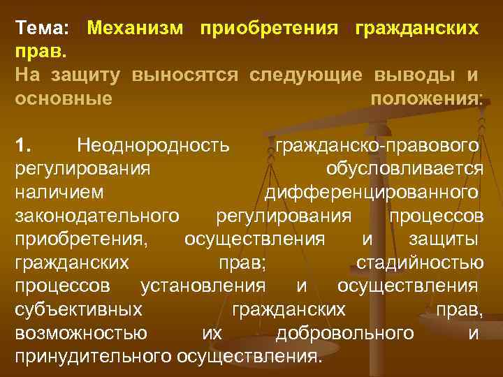 Тема: Механизм приобретения гражданских прав. На защиту выносятся следующие выводы и основные положения: 1.