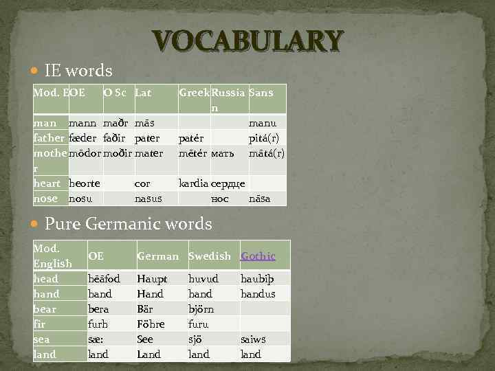  IE words Mod. E E O VOCABULARY O Sc Lat mann maðr mās