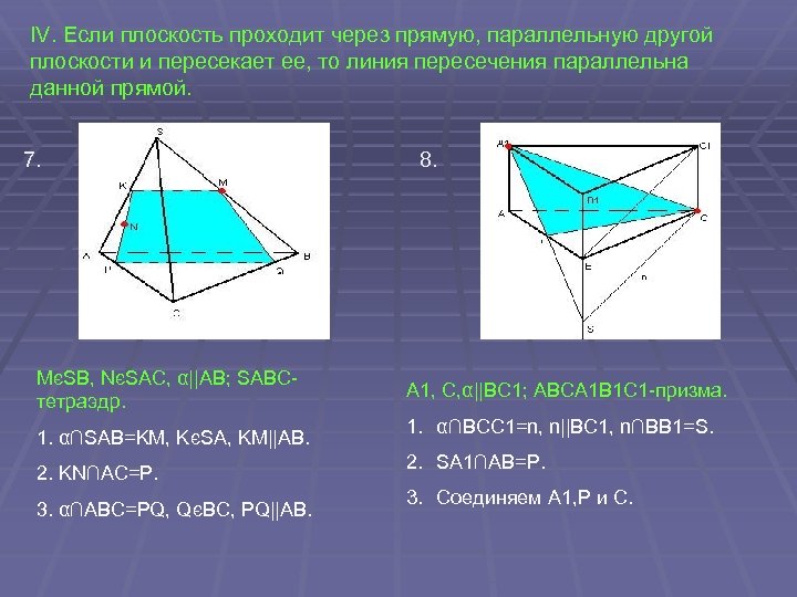 IV. Если плоскость проходит через прямую, параллельную другой плоскости и пересекает ее, то линия