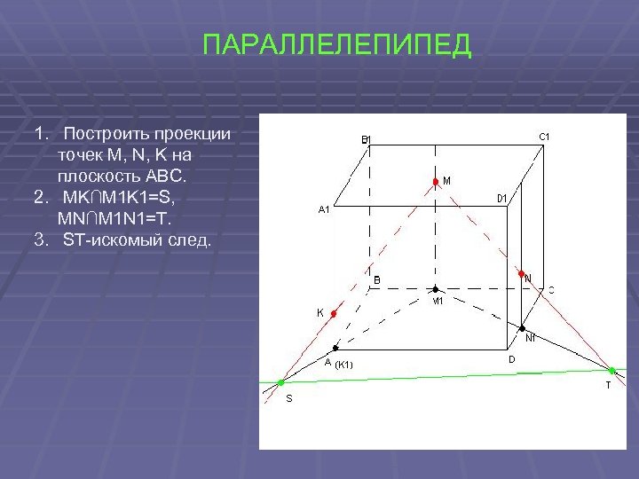ПАРАЛЛЕЛЕПИПЕД 1. Построить проекции точек M, N, K на плоскость ABC. 2. MK∩M 1