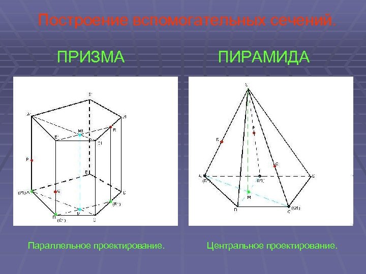 Построение вспомогательных сечений. ПРИЗМА Параллельное проектирование. ПИРАМИДА Центральное проектирование. 