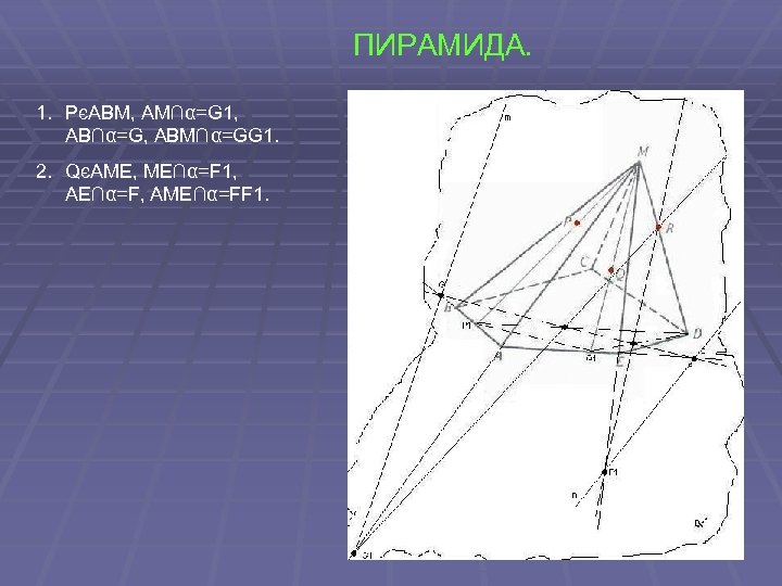 ПИРАМИДА. 1. PєABM, AM∩α=G 1, AB∩α=G, ABM∩α=GG 1. 2. QєAME, ME∩α=F 1, AE∩α=F, AME∩α=FF